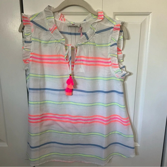 NWT Vineyard Vines Women’s Guava Multi-Stripe Ruffle Popover, Size Small - Picture 1 of 7